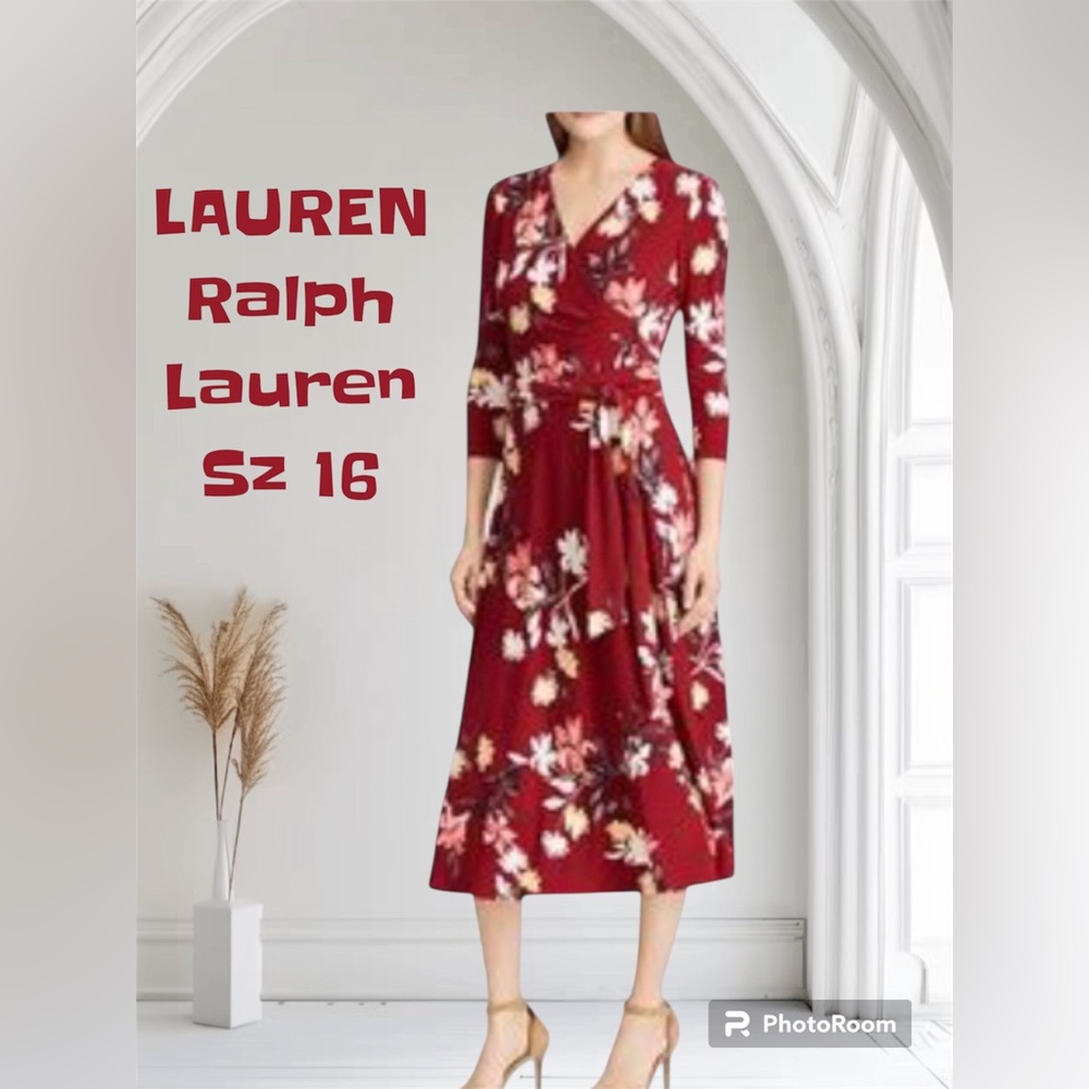 LAUREN Ralph Lauren Dress Faux Wrap Sz 16 Red Floral 3/4 Sleeve Self Tie Waist